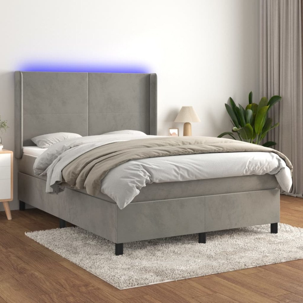 vidaXL Ramsäng med madrass & LED ljusgrå 140x190 cm sammet