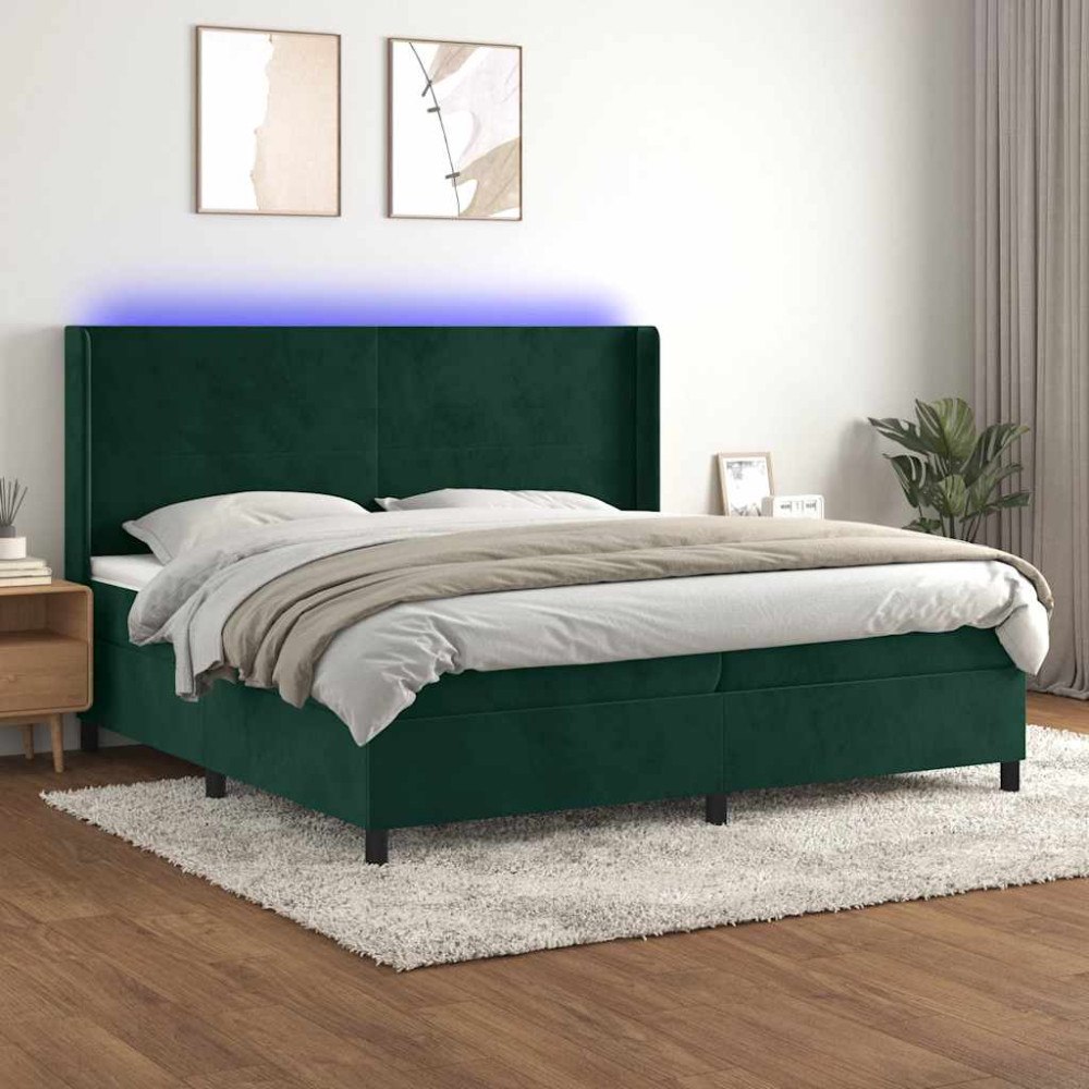 vidaXL Ramsäng med madrass & LED mörkgrön 200x200 cm sammet