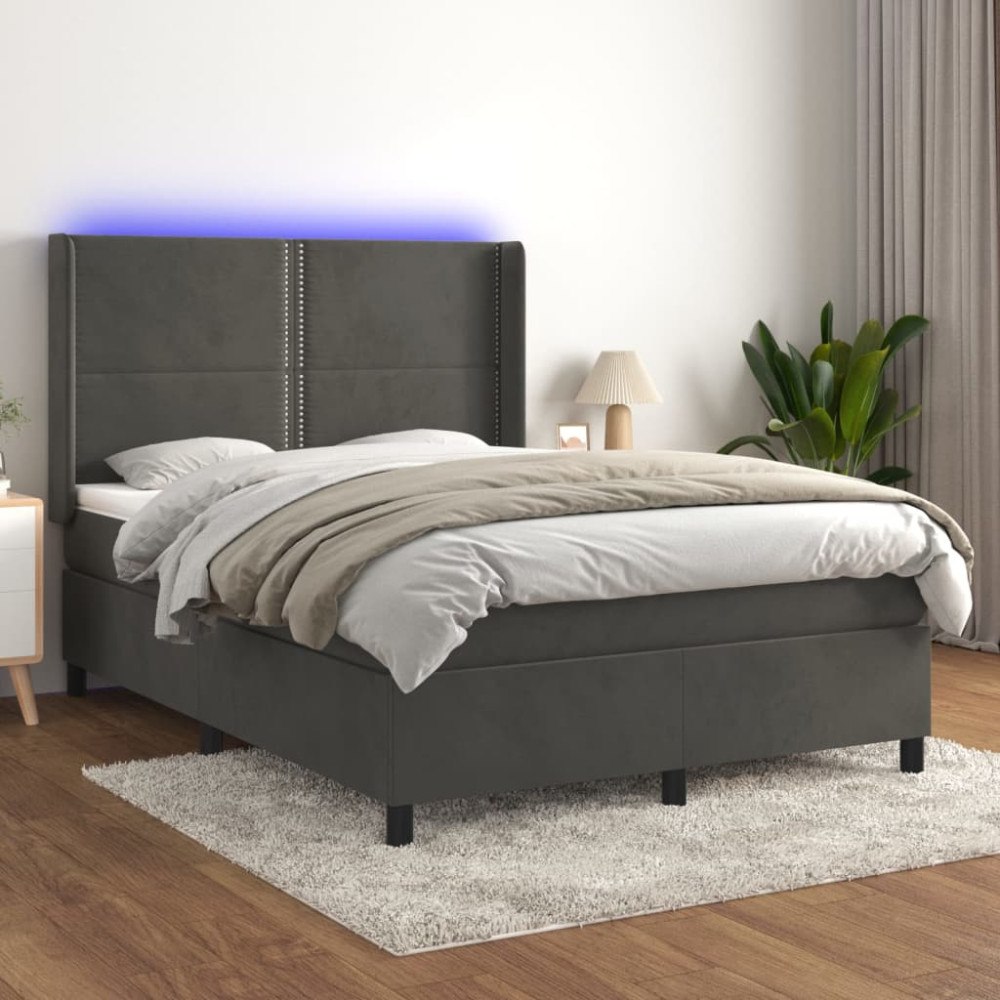 vidaXL Ramsäng med madrass & LED mörkgrå 140x200 cm sammet