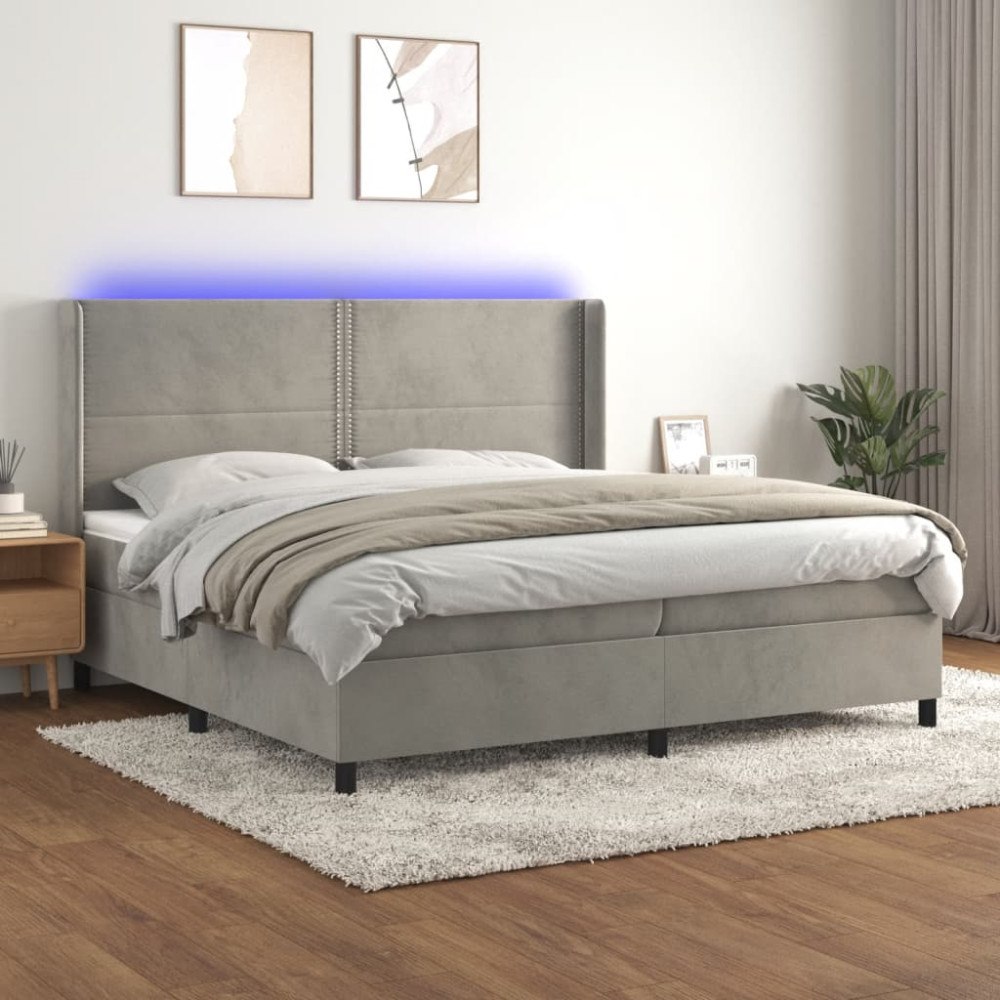 vidaXL Ramsäng med madrass & LED ljusgrå 200x200 cm sammet