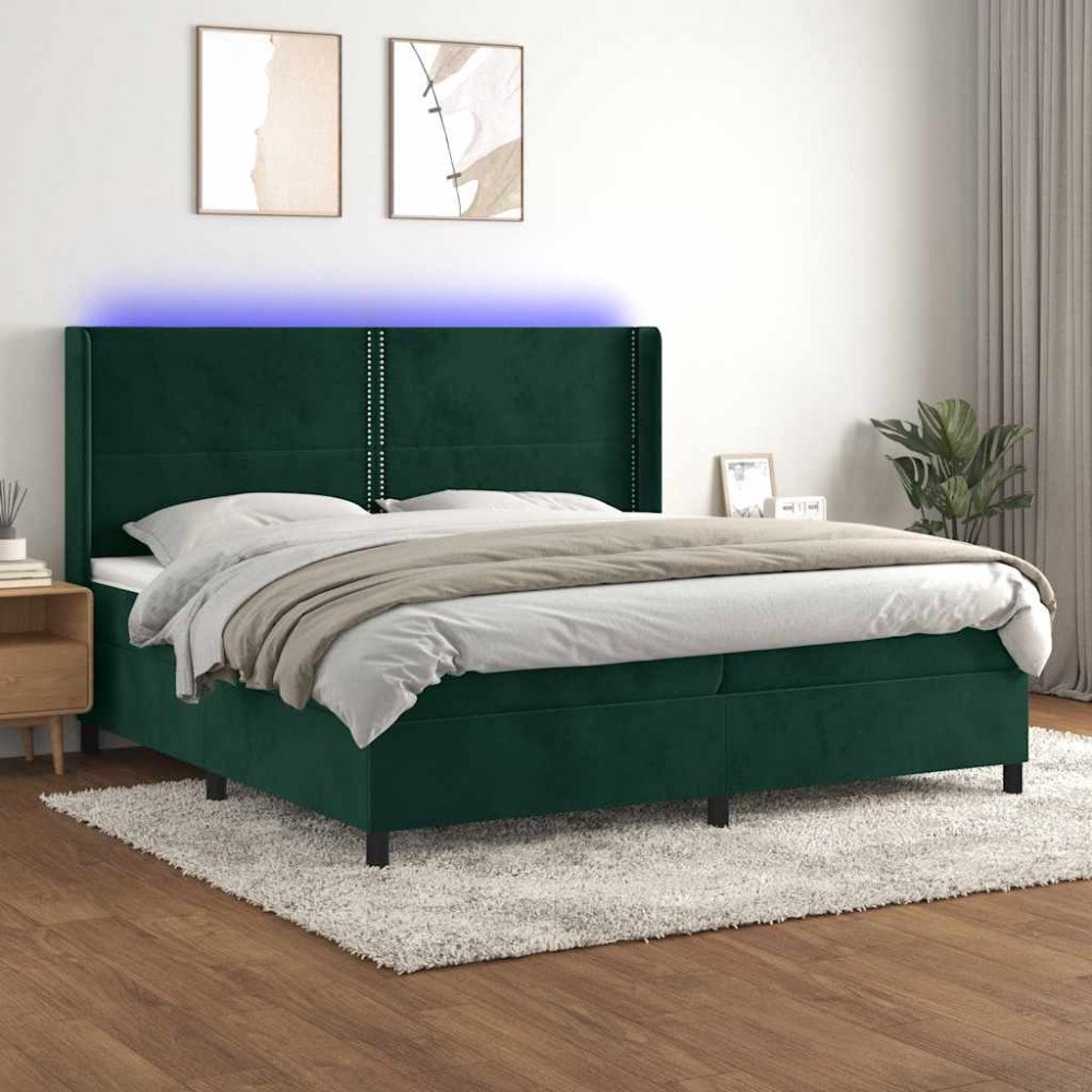 vidaXL Ramsäng med madrass & LED mörkgrön 200x200 cm sammet