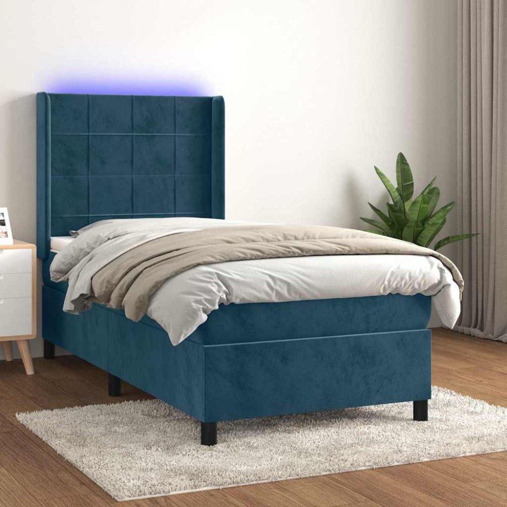 vidaXL Ramsäng med madrass & LED mörkblå 90x190 cm sammet