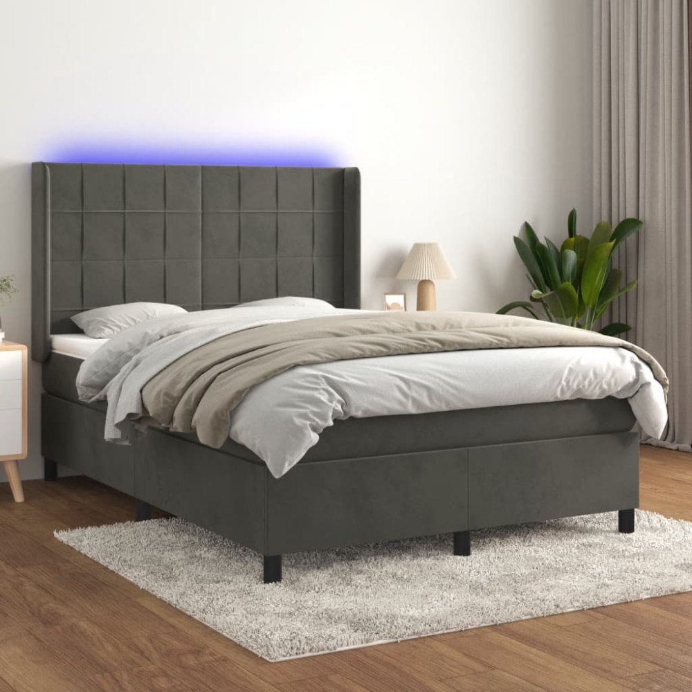 vidaXL Ramsäng med madrass & LED mörkgrå 140x190 cm sammet