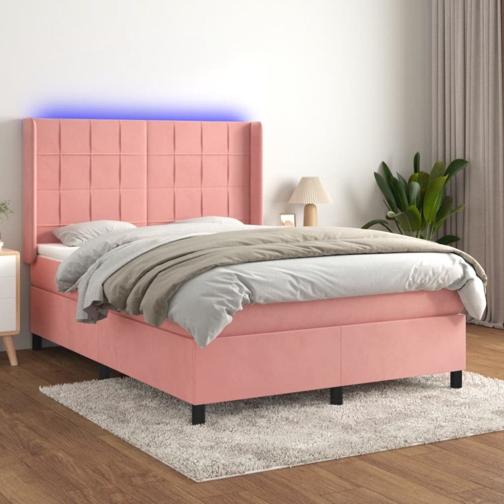 vidaXL Ramsäng med madrass rosa & LED 140x200 cm sammet