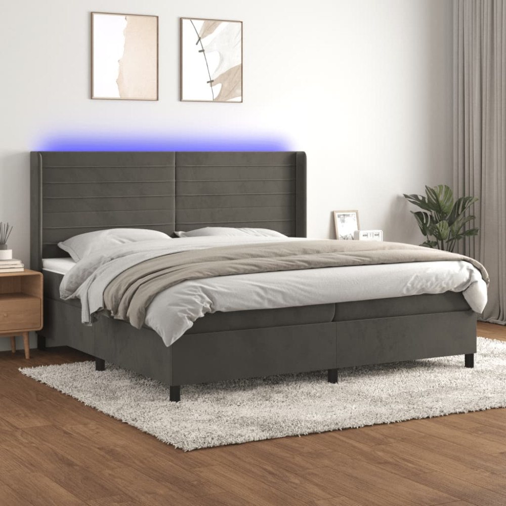 vidaXL Ramsäng med madrass & LED mörkgrå 200x200 cm sammet