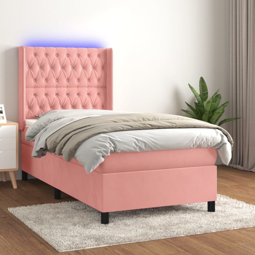 vidaXL Ramsäng med madrass rosa & LED 90x190 cm sammet
