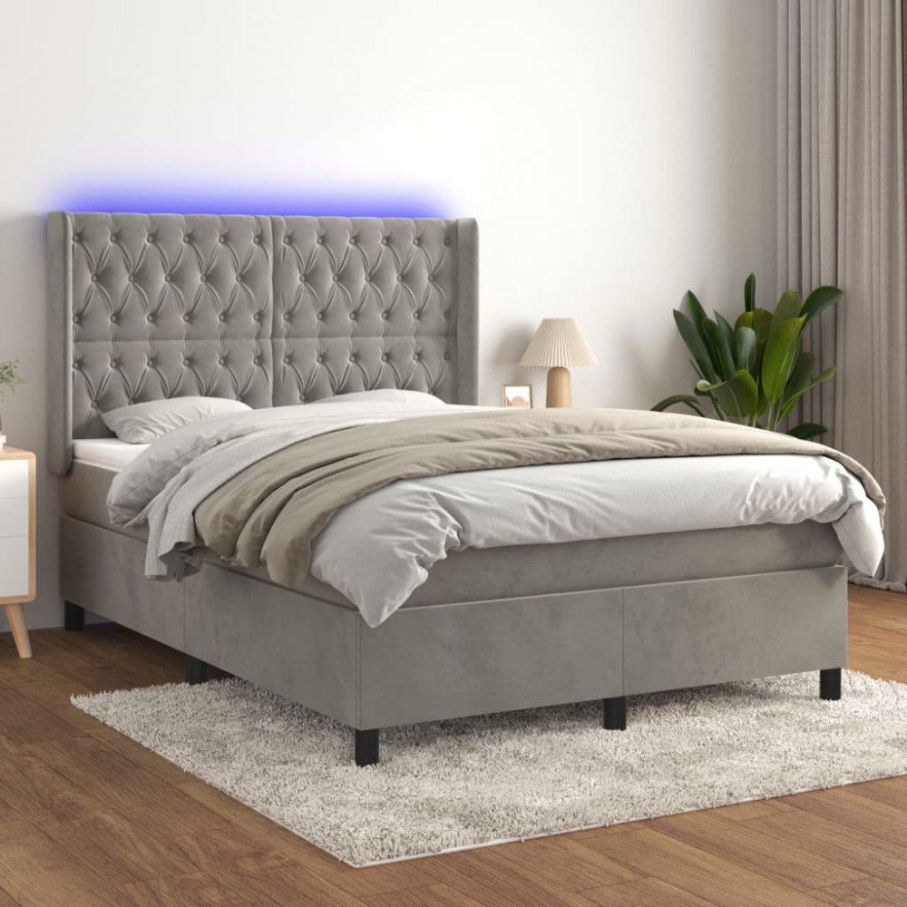 vidaXL Ramsäng med madrass & LED ljusgrå 140x190 cm sammet