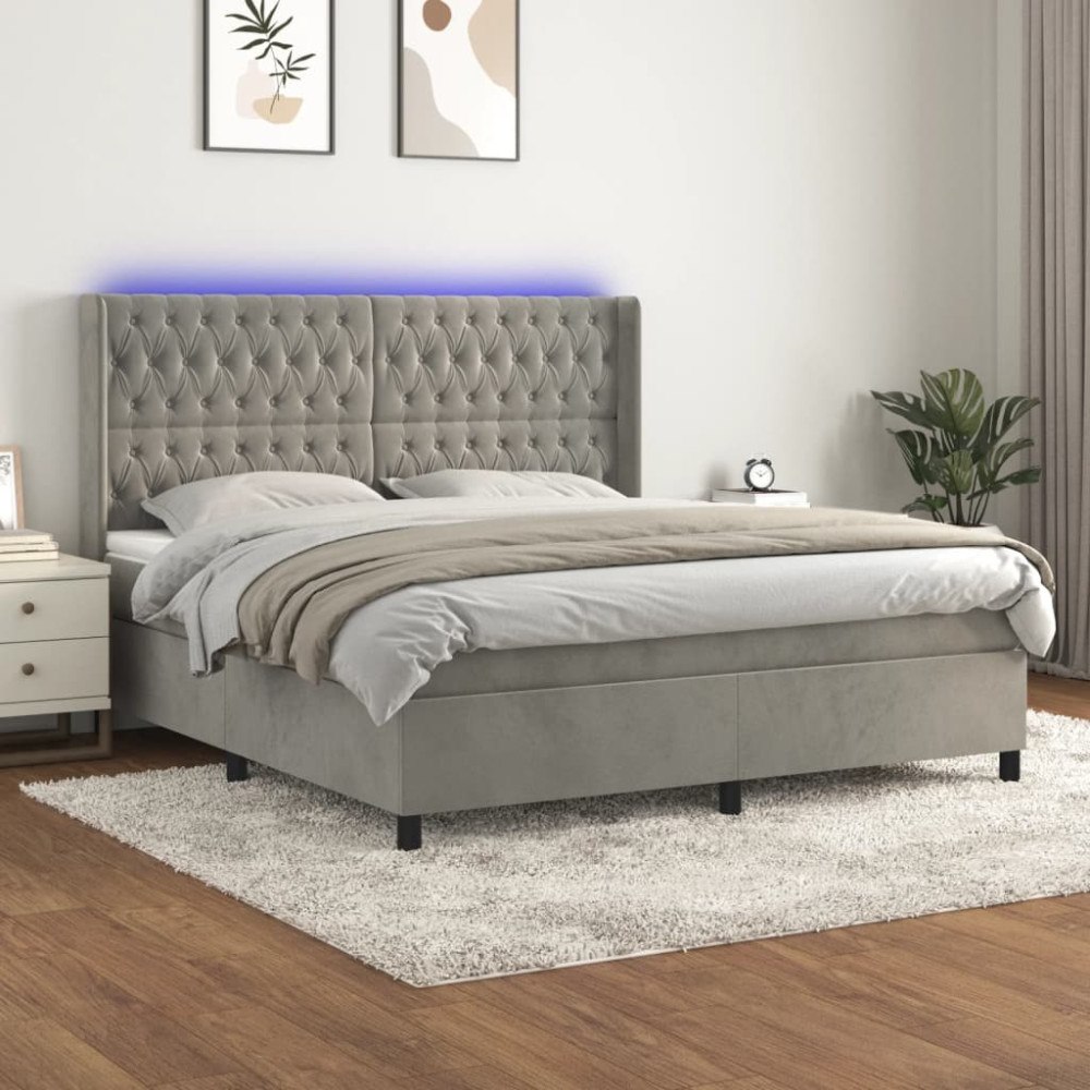 vidaXL Ramsäng med madrass & LED ljusgrå 160x200 cm sammet