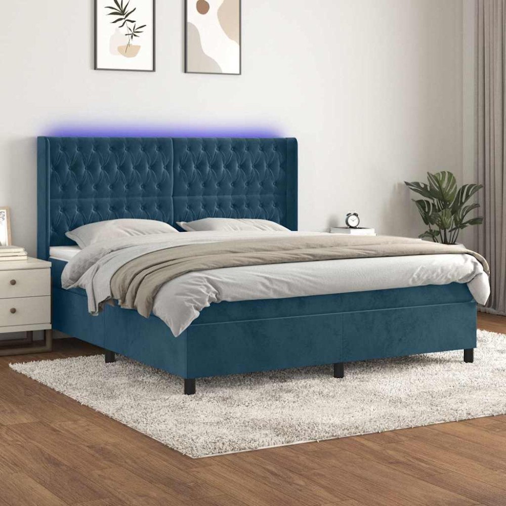 vidaXL Ramsäng med madrass & LED mörkblå 160x200 cm sammet