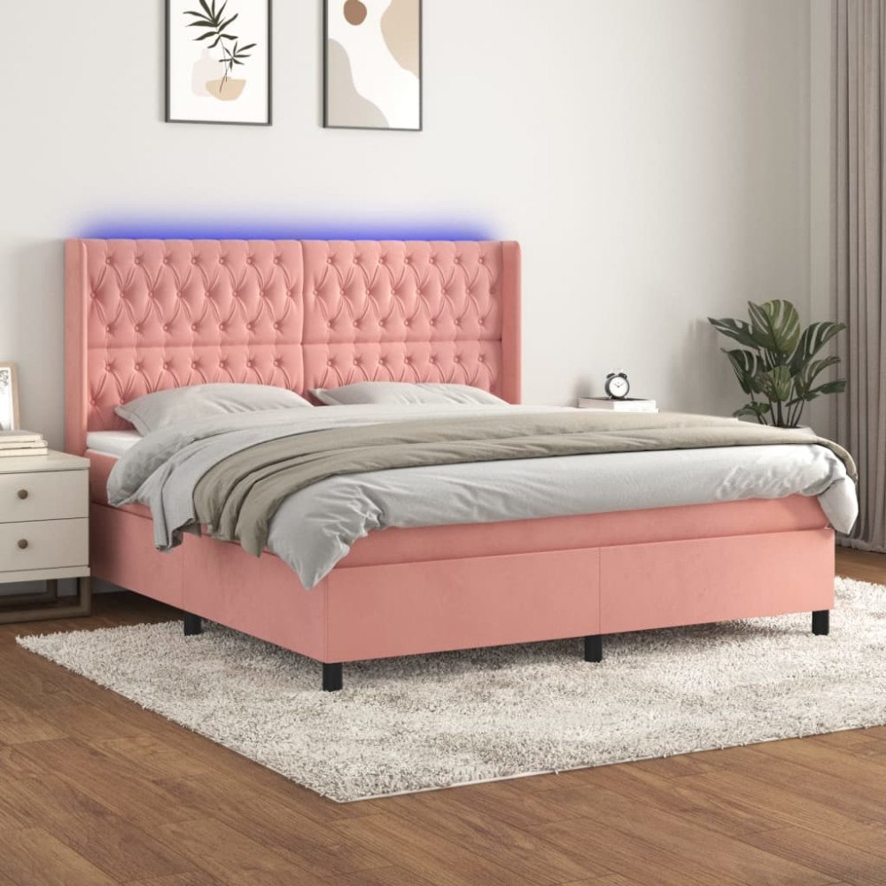 vidaXL Ramsäng med madrass rosa & LED 180x200 cm sammet