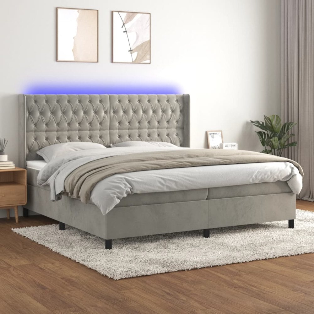 vidaXL Ramsäng med madrass & LED ljusgrå 200x200 cm sammet