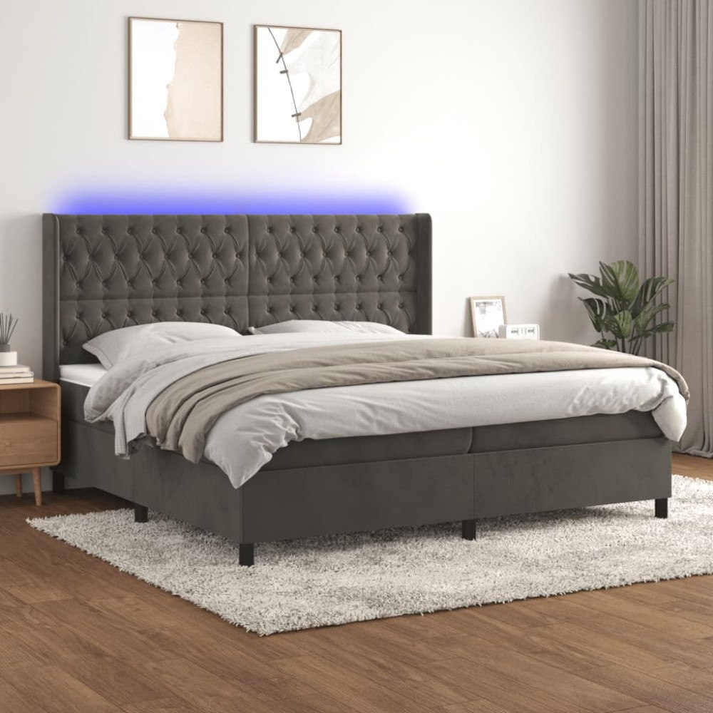 vidaXL Ramsäng med madrass & LED mörkgrå 200x200 cm sammet