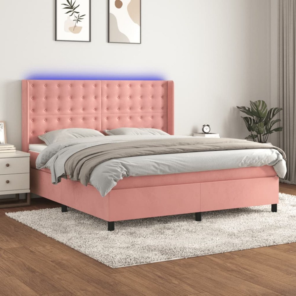 vidaXL Ramsäng med madrass rosa & LED 180x200 cm sammet