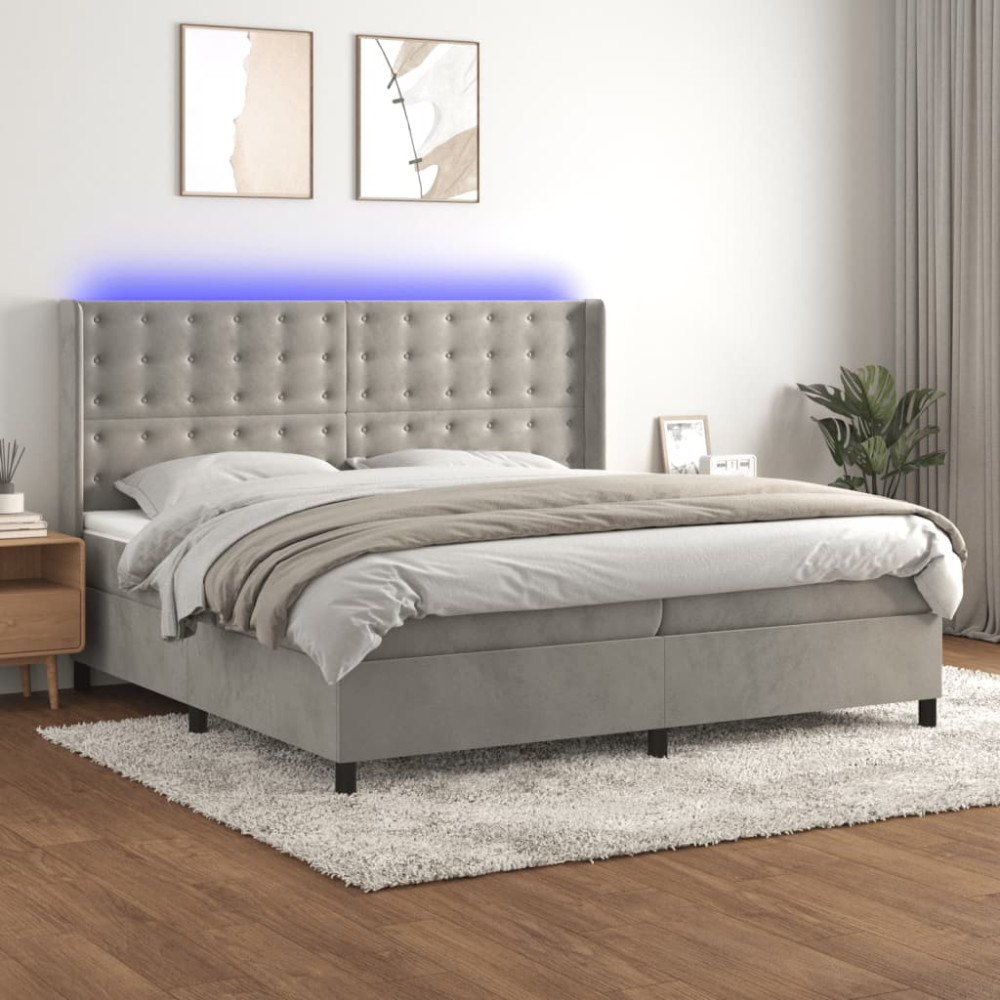 vidaXL Ramsäng med madrass & LED ljusgrå 200x200 cm sammet