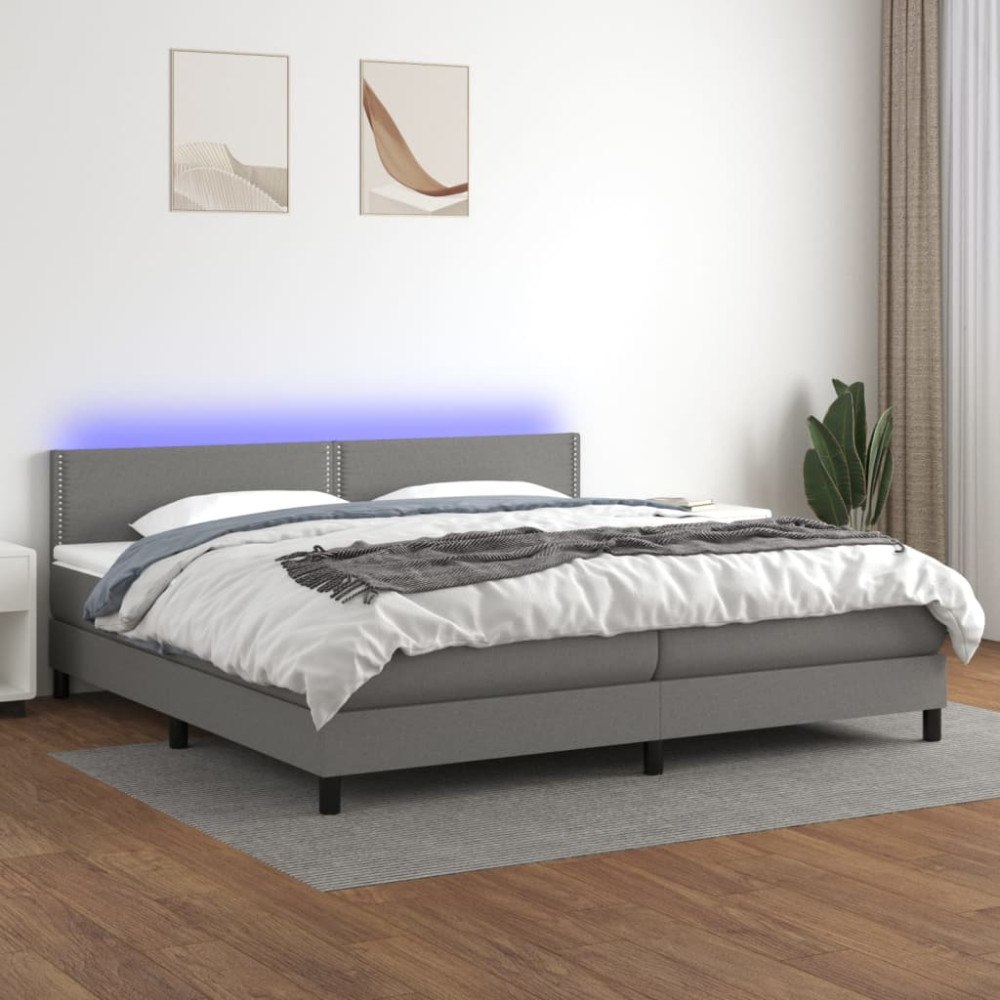 vidaXL Ramsäng med madrass & LED mörkgrå 200x200 cm tyg