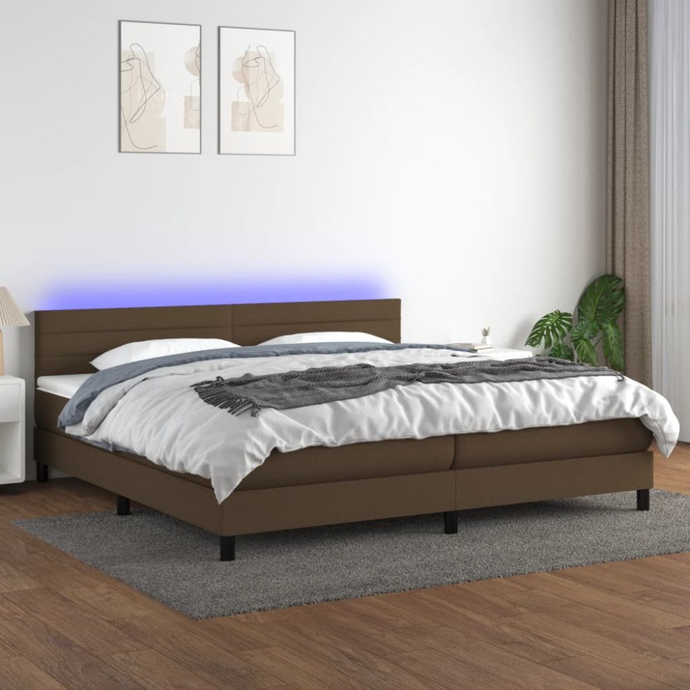 vidaXL Ramsäng med madrass & LED mörkbrun 200x200 cm tyg