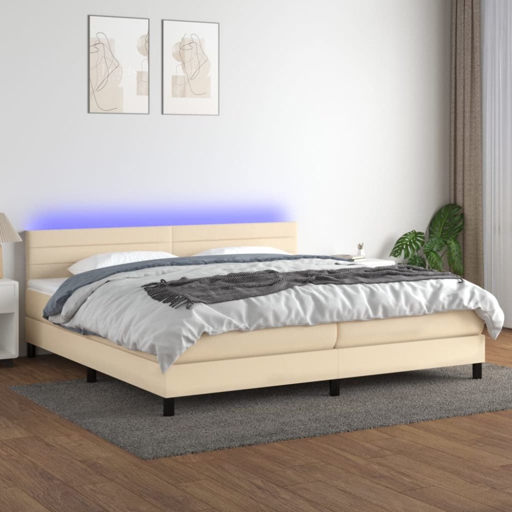 vidaXL Ramsäng med madrass & LED gräddvit 200x200 cm tyg