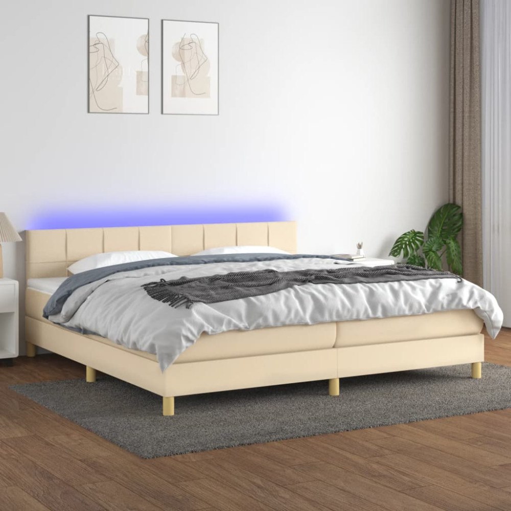 vidaXL Ramsäng med madrass & LED gräddvit 200x200 cm tyg