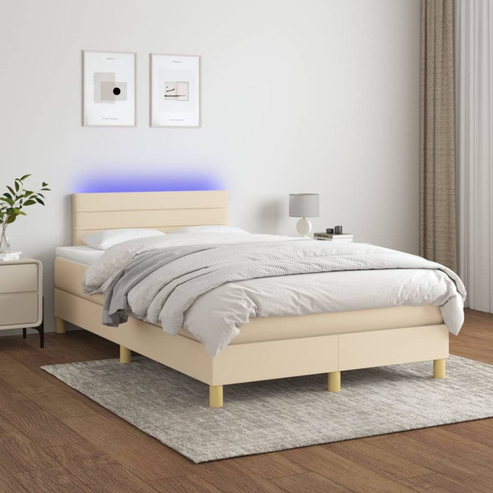 vidaXL Ramsäng med madrass & LED gräddvit 120x200 cm tyg