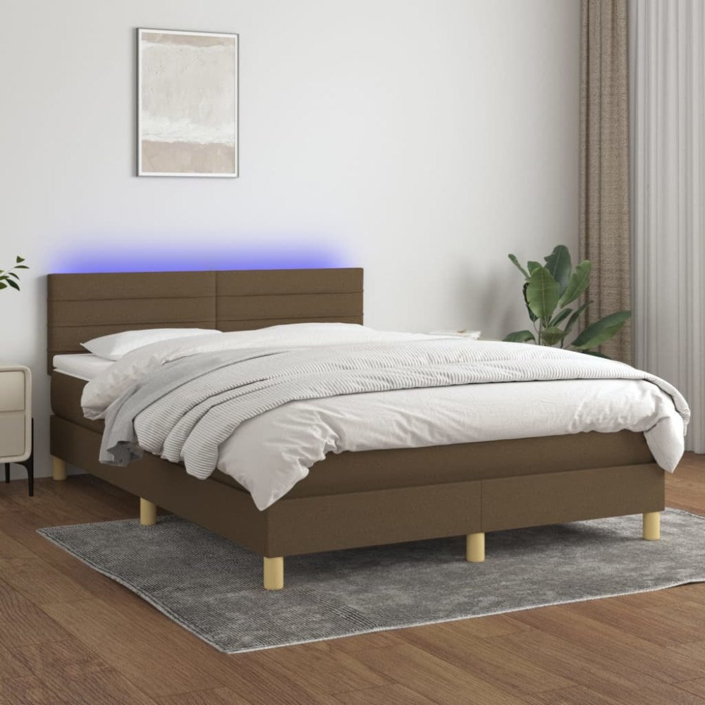 vidaXL Ramsäng med madrass & LED mörkbrun 140x200 cm tyg
