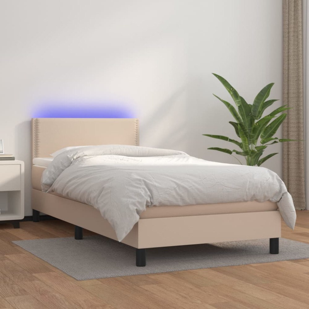 vidaXL Ramsäng med bäddmadrass & LED cappuccino 90x200 cm konstläder