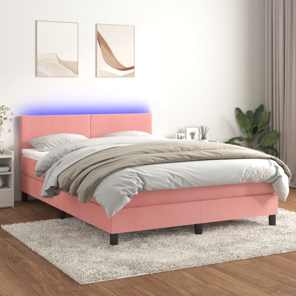 vidaXL Ramsäng med madrass & LED rosa 140x200 cm sammet
