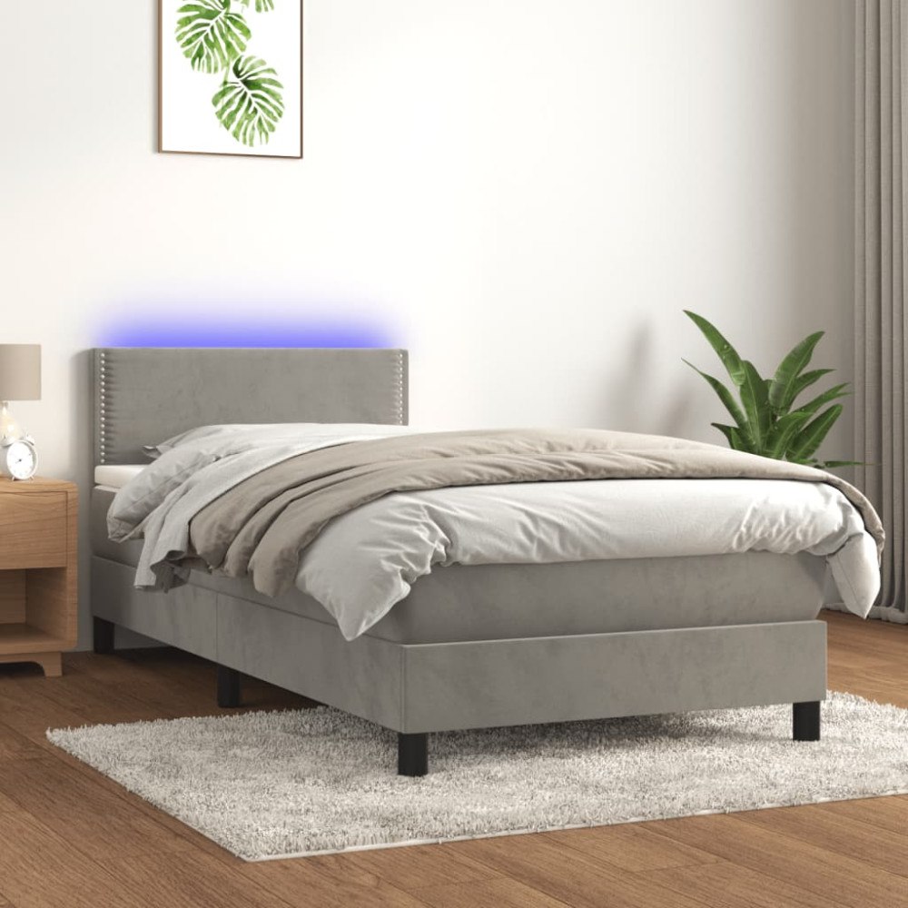 vidaXL Resårsäng med madrass och LED ljusgrå 90x200 cm sammet