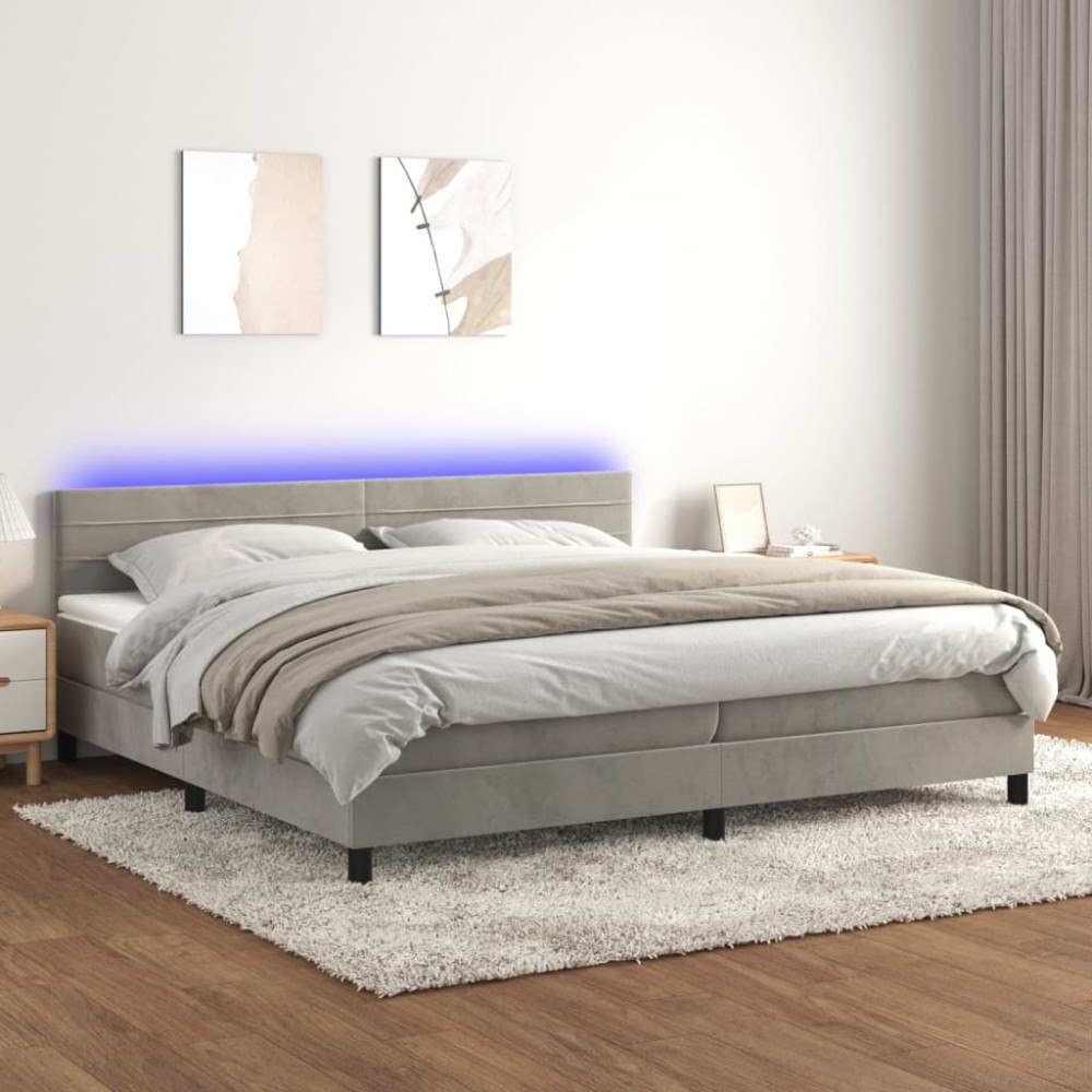 vidaXL Resårsäng med madrass och LED ljusgrå 200x200 cm sammet