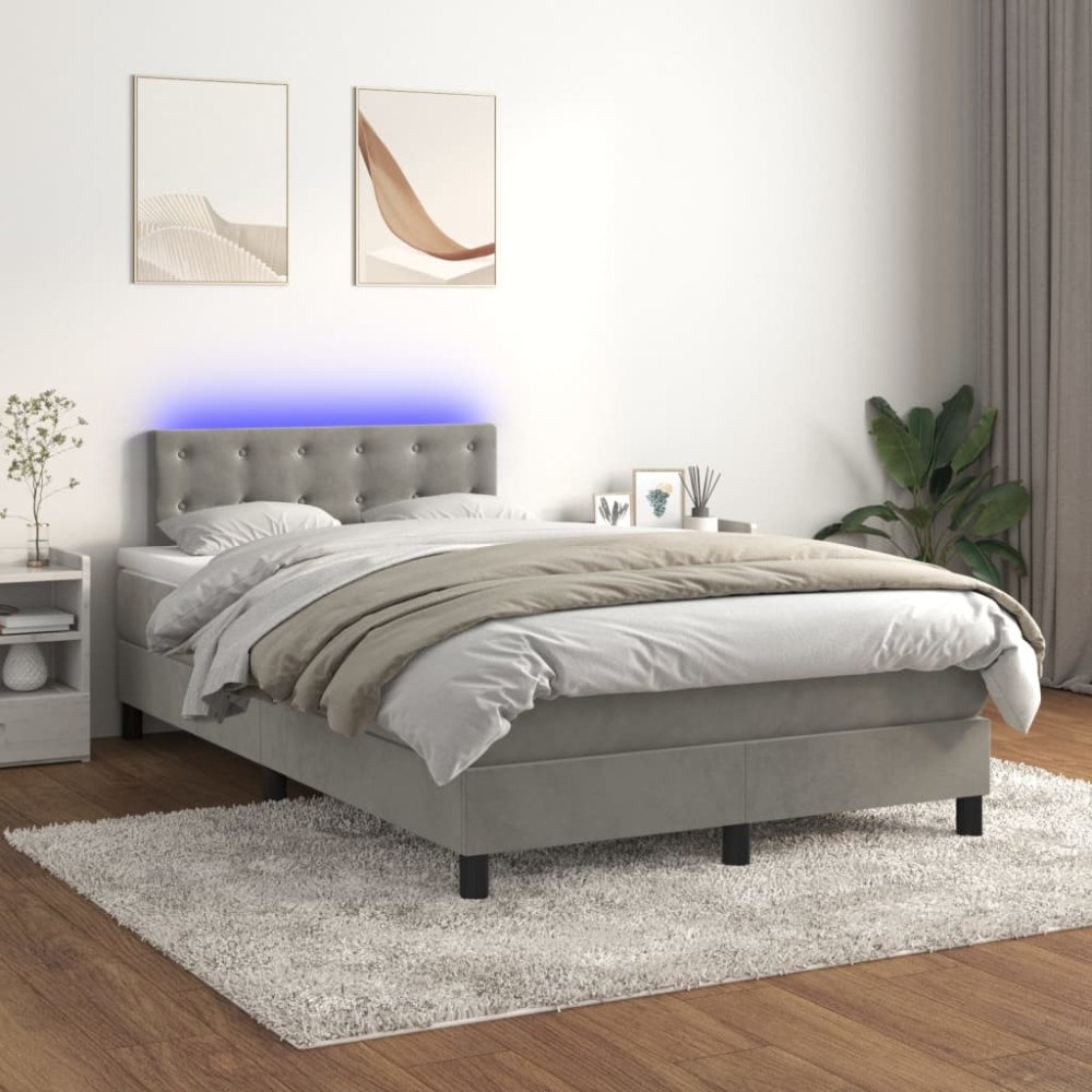vidaXL Resårsäng med madrass och LED ljusgrå 120x200 cm sammet