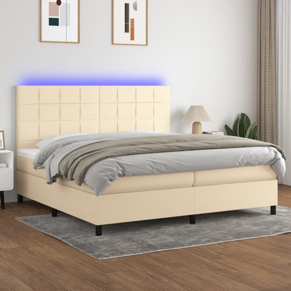 vidaXL Ramsäng med madrass & LED gräddvit 200x200 cm tyg