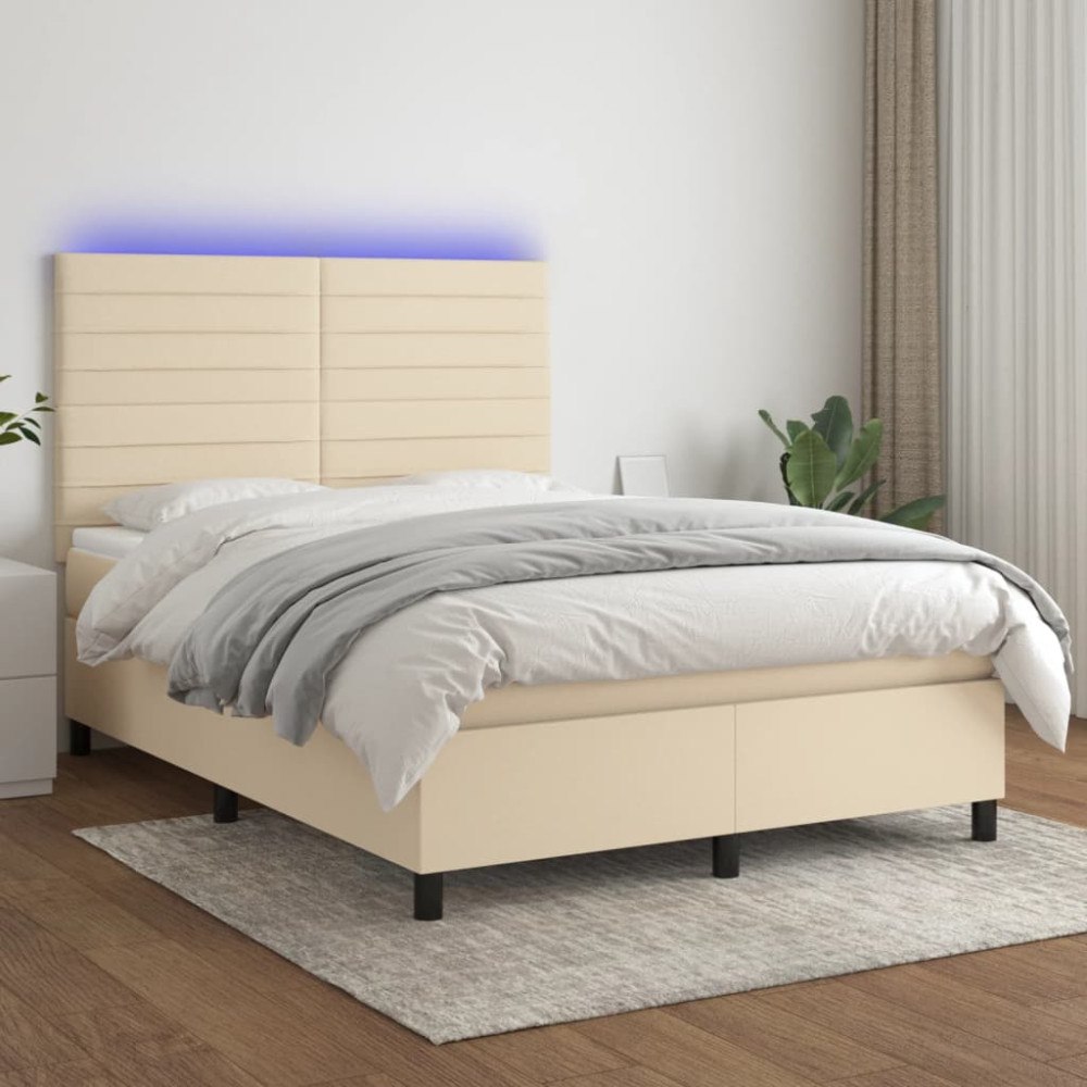 vidaXL Ramsäng med madrass & LED gräddvit 140x190 cm tyg