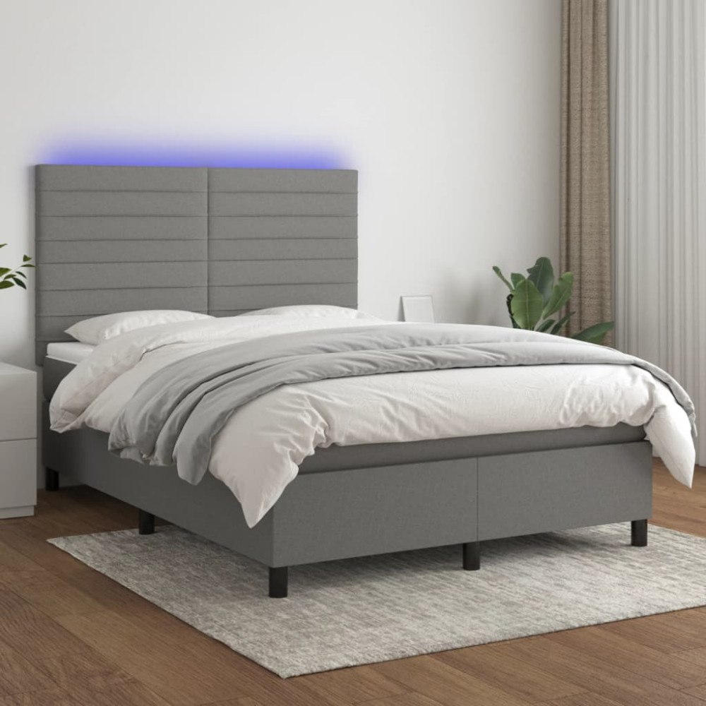 vidaXL Ramsäng med madrass & LED mörkgrå 140x200 cm tyg
