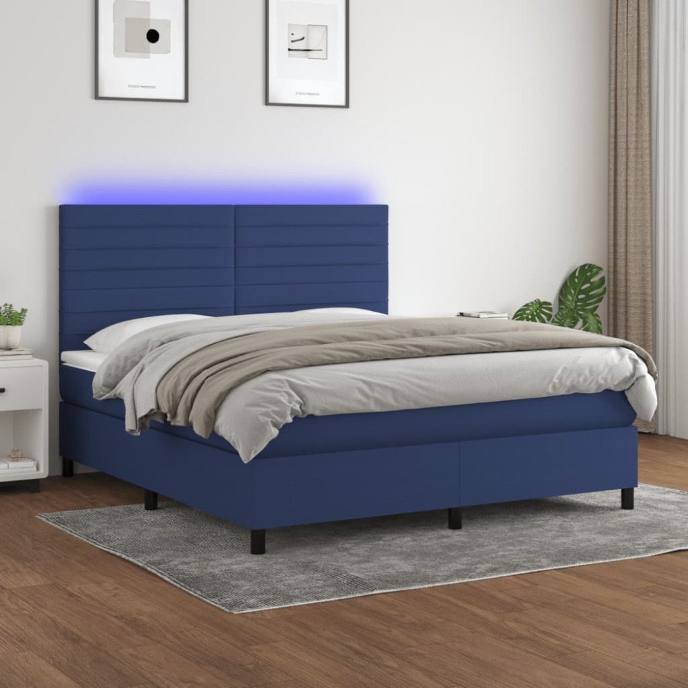 vidaXL Ramsäng med madrass & LED blå 160x200 cm tyg