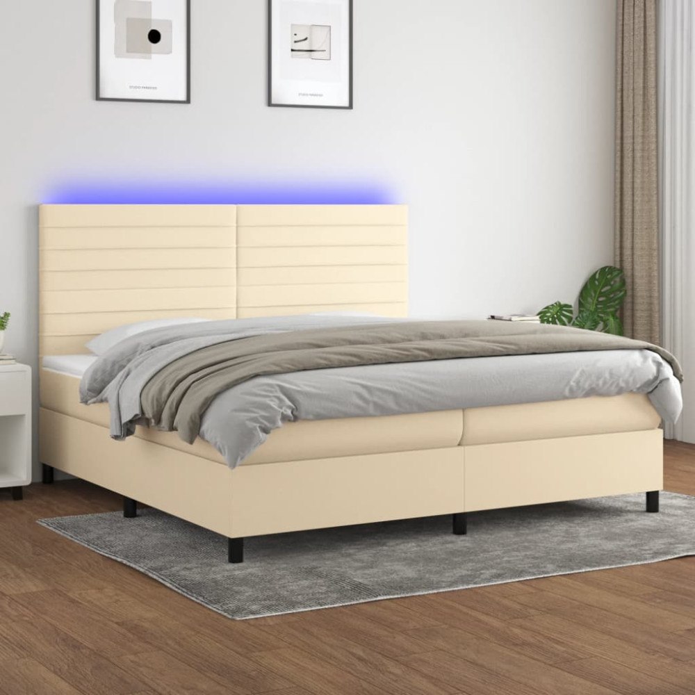 vidaXL Ramsäng med madrass & LED gräddvit 200x200 cm tyg