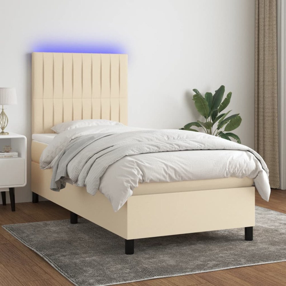 vidaXL Ramsäng med madrass & LED gräddvit 90x200 cm tyg