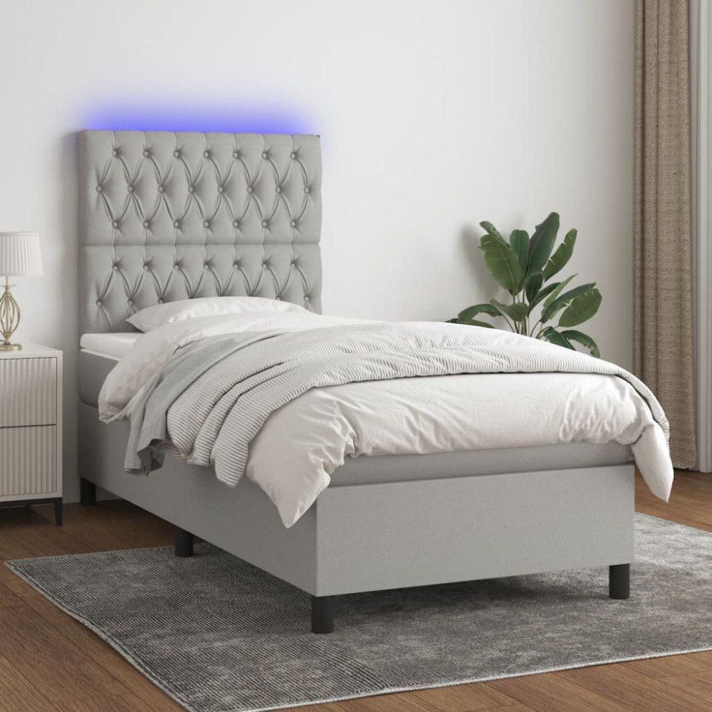 vidaXL Ramsäng med madrass & LED ljusgrå 90x190 cm tyg