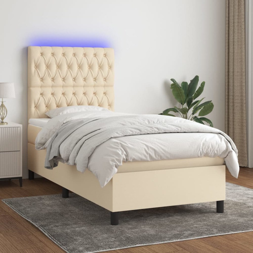 vidaXL Ramsäng med madrass & LED gräddvit 90x200 cm tyg