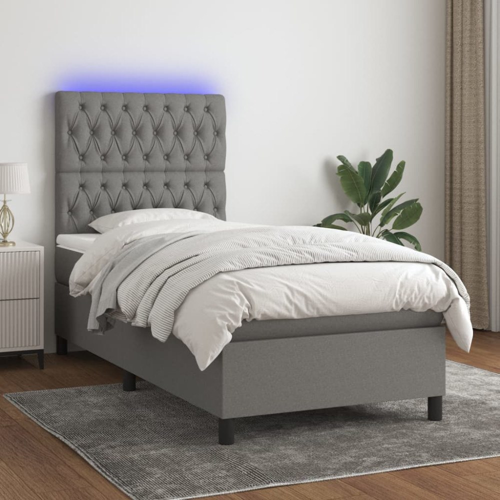 vidaXL Ramsäng med madrass & LED mörkgrå 100x200 cm tyg