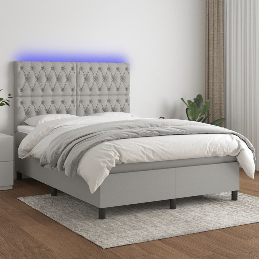vidaXL Ramsäng med madrass & LED ljusgrå 140x190 cm tyg