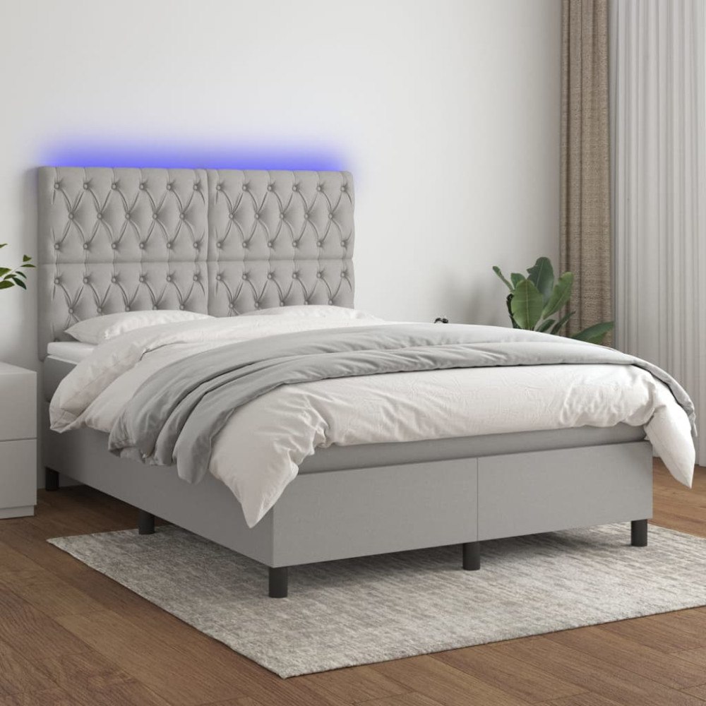 vidaXL Ramsäng med madrass & LED ljusgrå 140x200 cm tyg