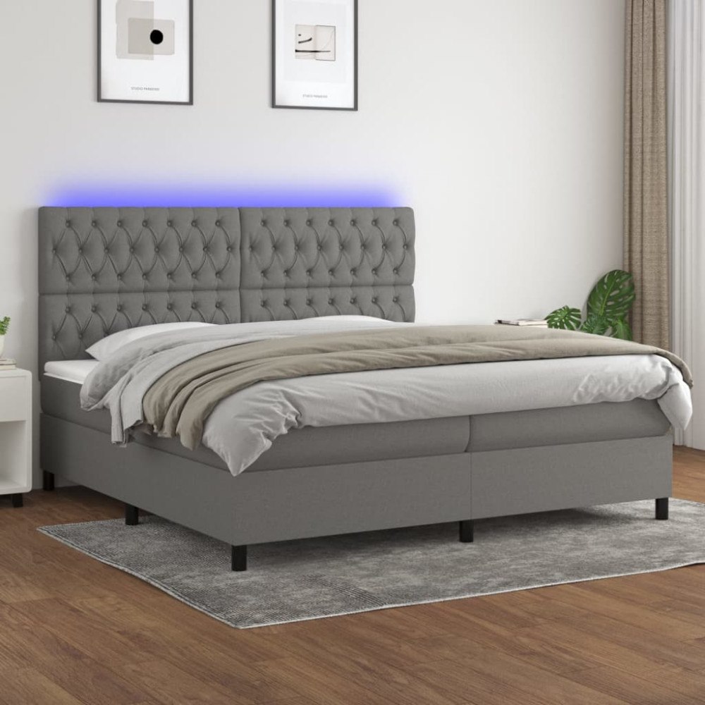 vidaXL Ramsäng med madrass & LED mörkgrå 200x200 cm tyg
