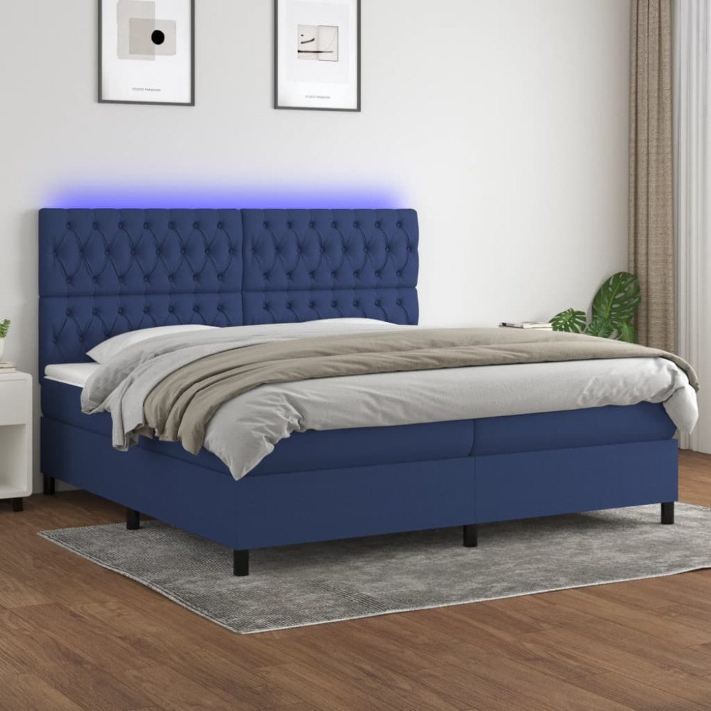 vidaXL Ramsäng med madrass & LED blå 200x200 cm tyg
