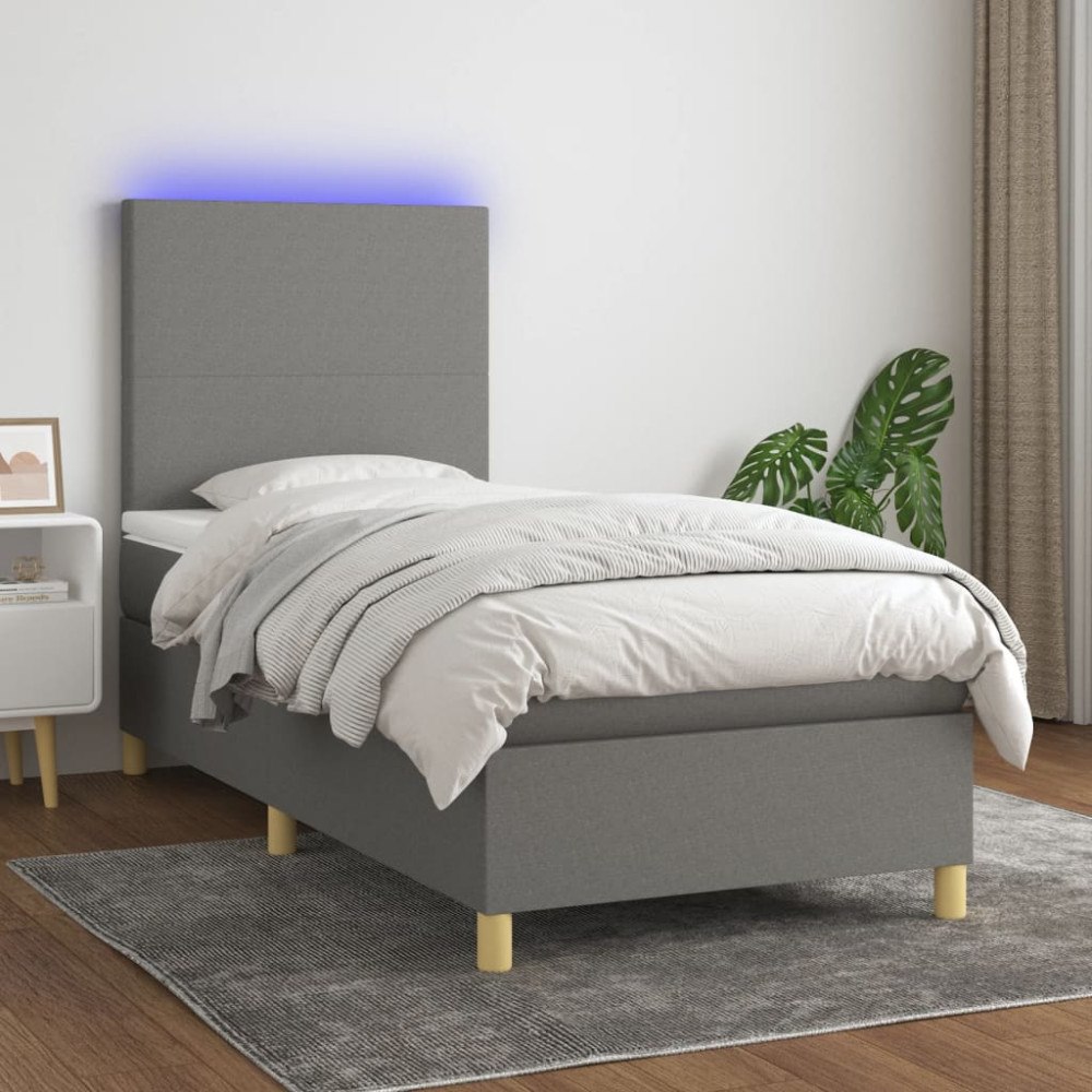 vidaXL Ramsäng med madrass & LED mörkgrå 90x190 cm tyg