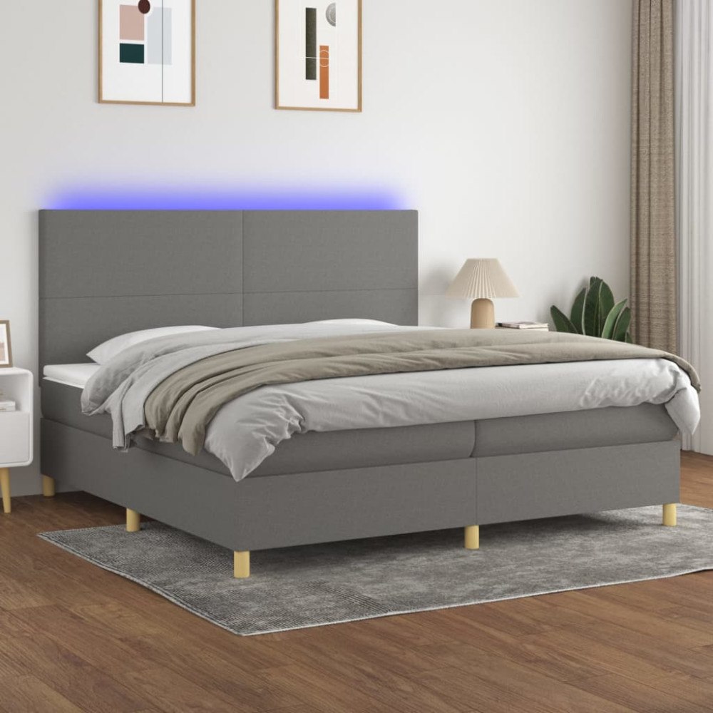vidaXL Ramsäng med madrass & LED mörkgrå 200x200 cm tyg