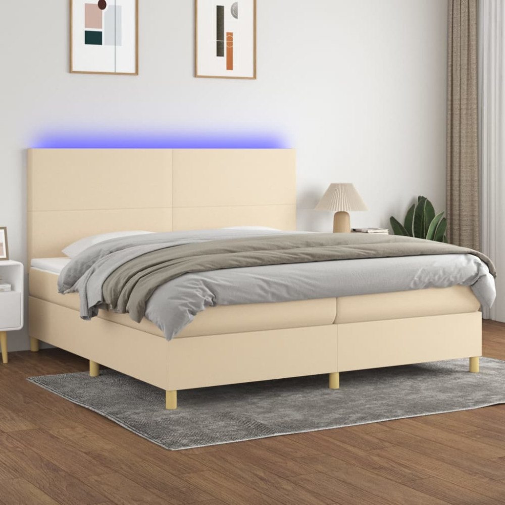 vidaXL Ramsäng med madrass & LED gräddvit 200x200 cm tyg