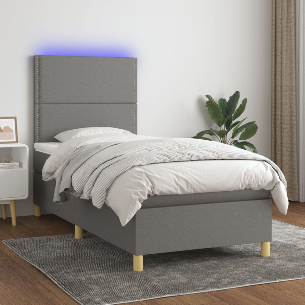 vidaXL Ramsäng med madrass & LED mörkgrå 100x200 cm tyg