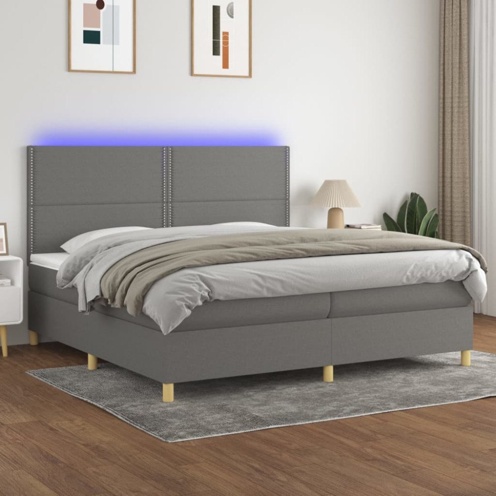 vidaXL Ramsäng med madrass & LED mörkgrå 200x200 cm tyg