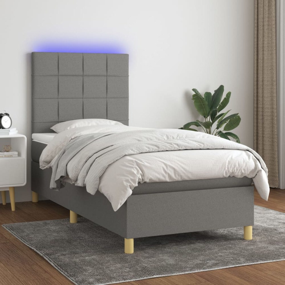 vidaXL Ramsäng med madrass & LED mörkgrå 90x200 cm tyg