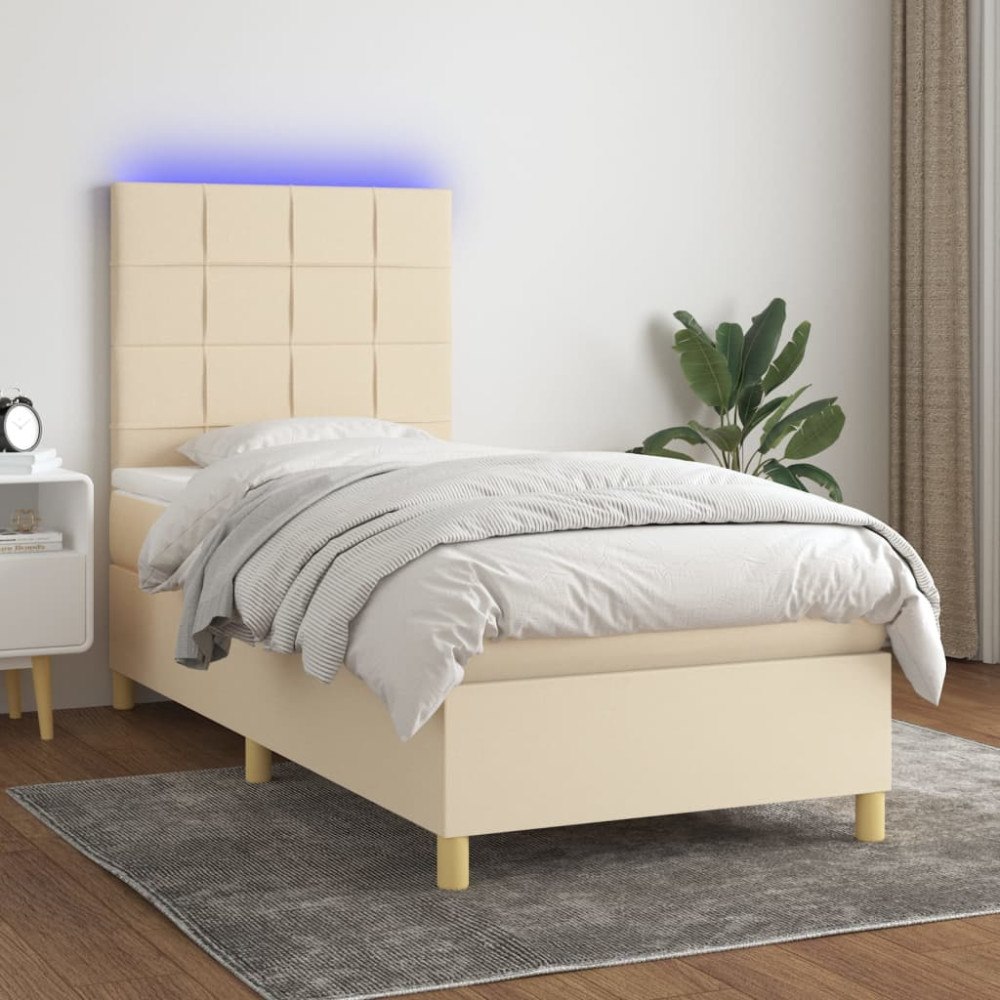 vidaXL Ramsäng med madrass & LED gräddvit 100x200 cm tyg