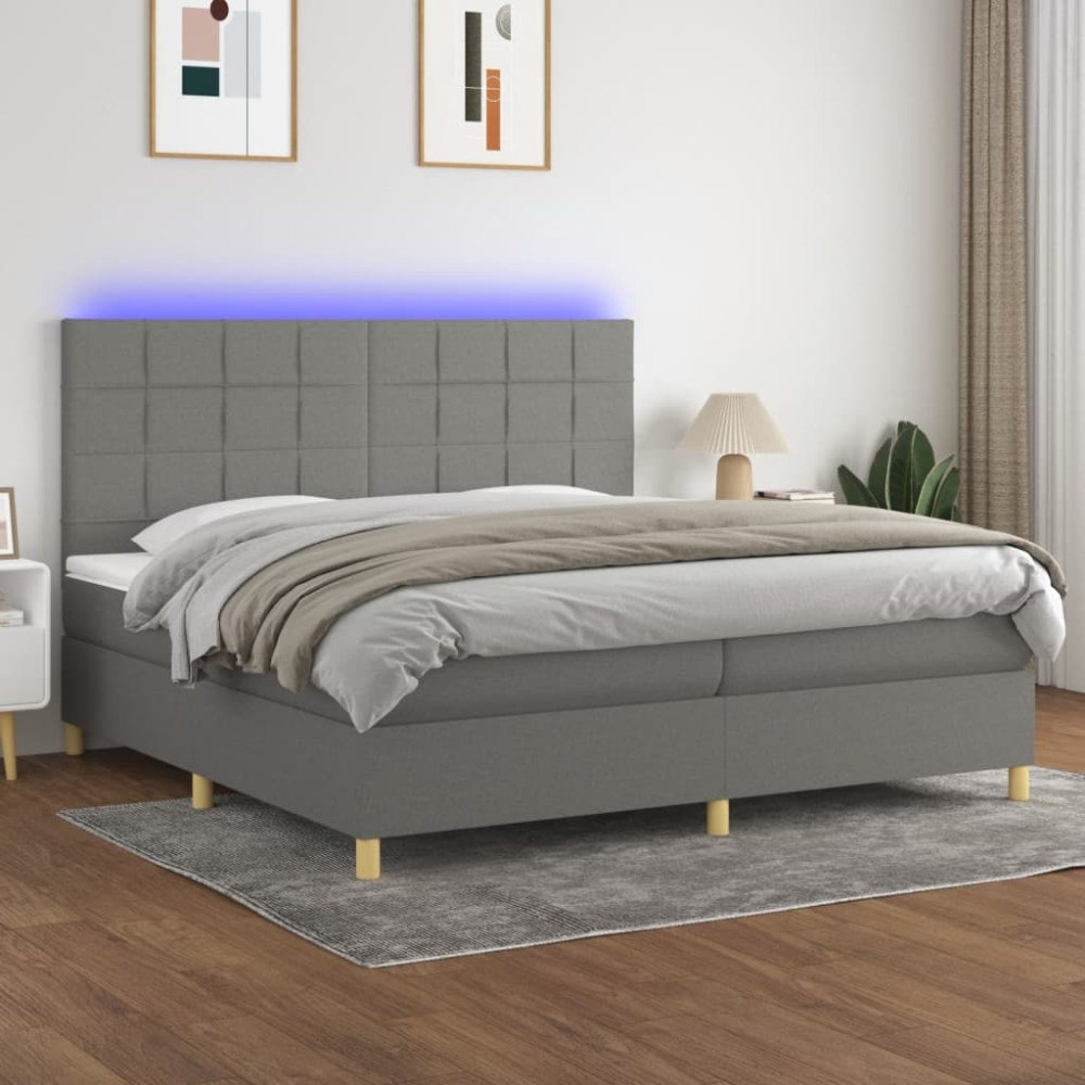 vidaXL Ramsäng med madrass & LED mörkgrå 200x200 cm tyg